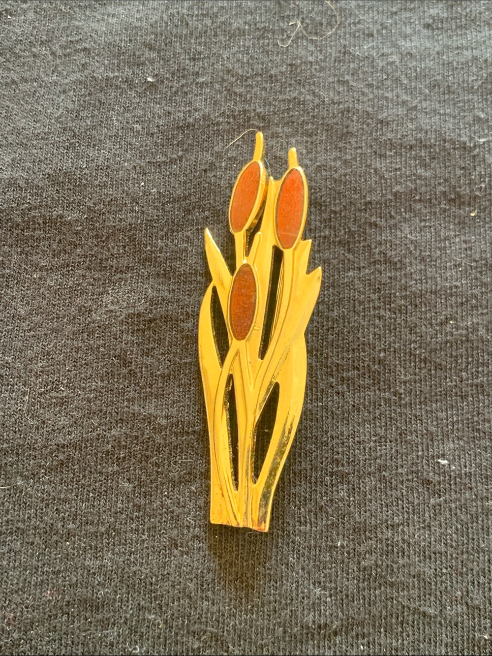 Gold Tone Floral Cattail Brooch with Burnt Orange Accents